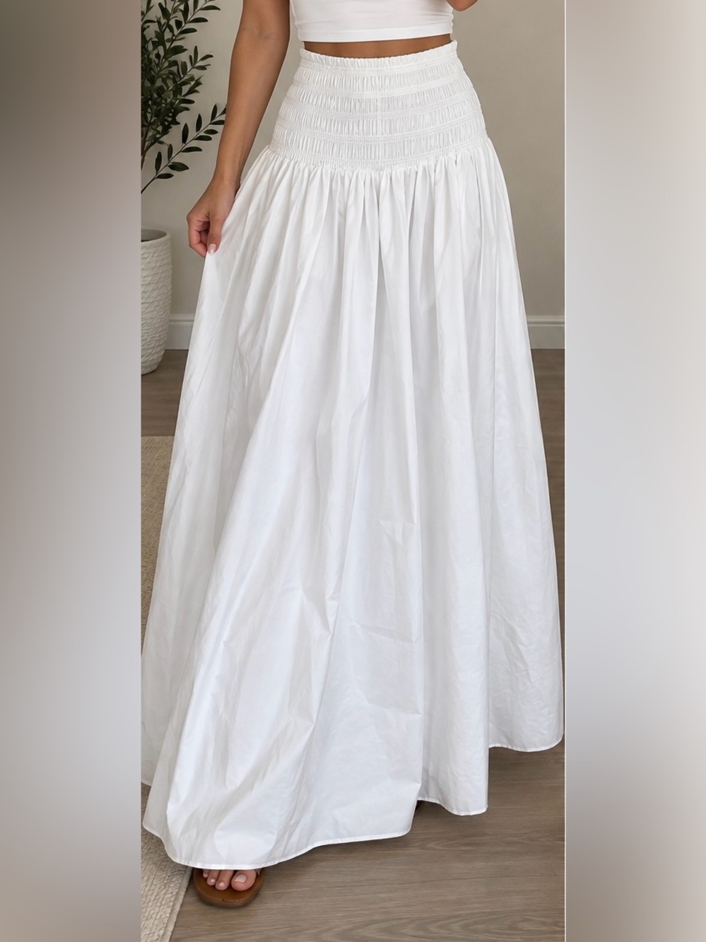 NWT Chic White Smocked Drop-Waist A-Line Maxi Skirt